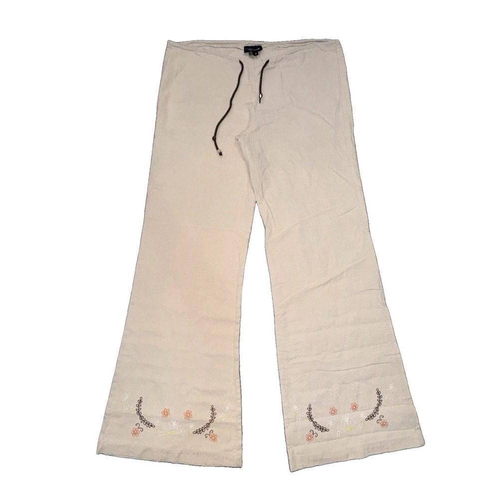 My Michelle Women's Flare Pants Y2K Linen Embroidered Boho Hippie Tan Sz M